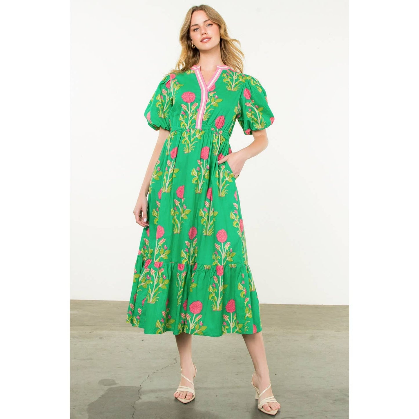Puff Sleeve Flower Print Maxi Dress