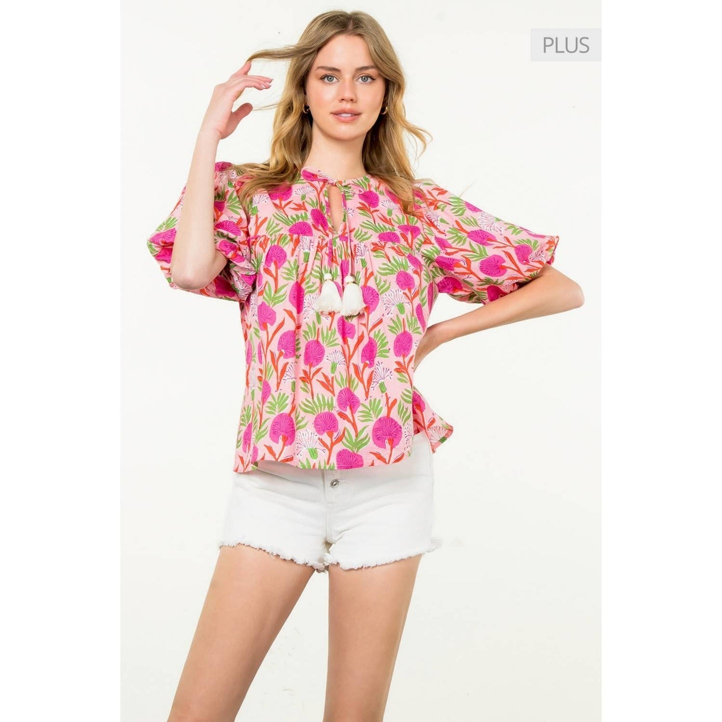 Puff Sleeve Floral Tassel Tie Top