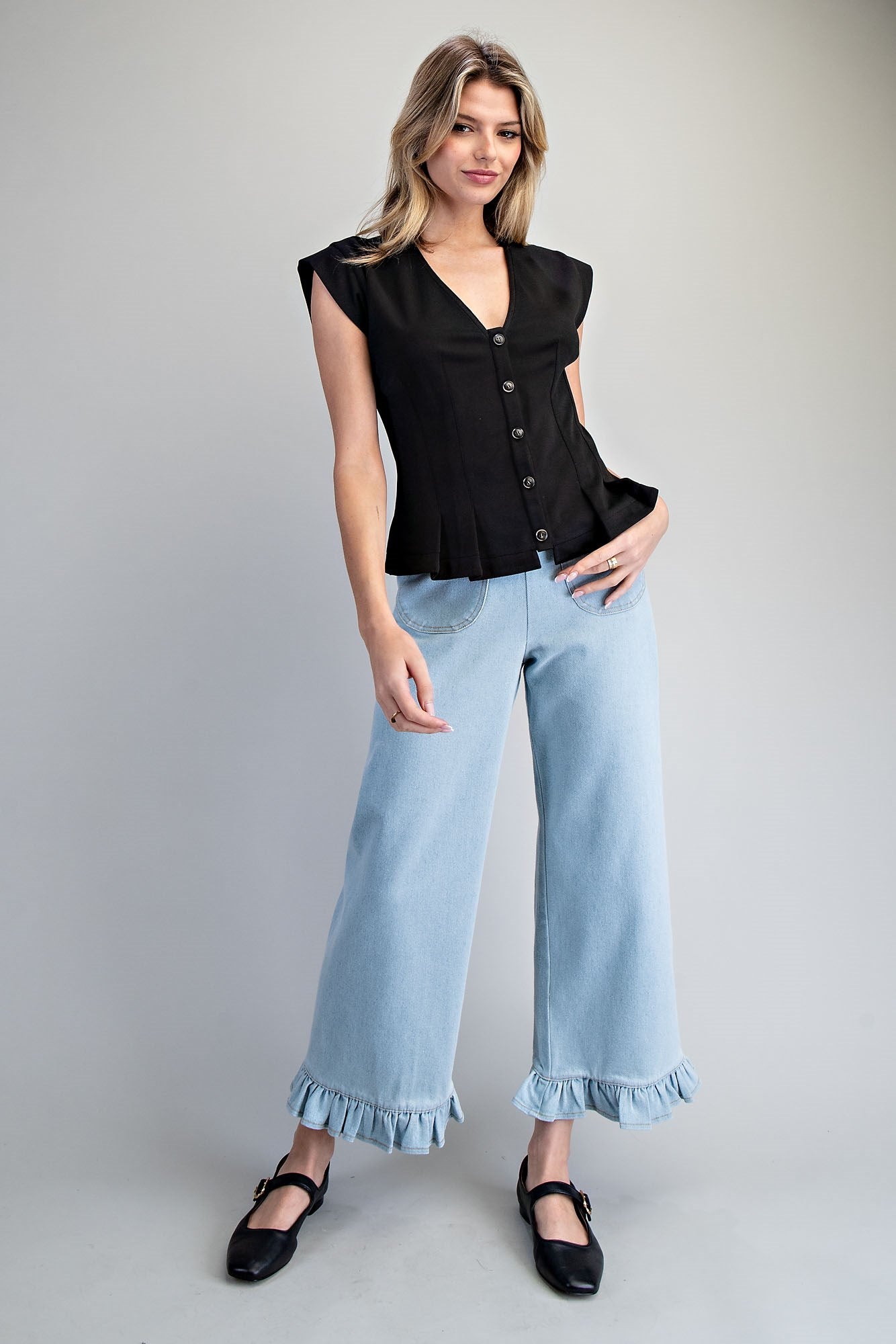 Solid Pleated Button Down V-Neck Top
