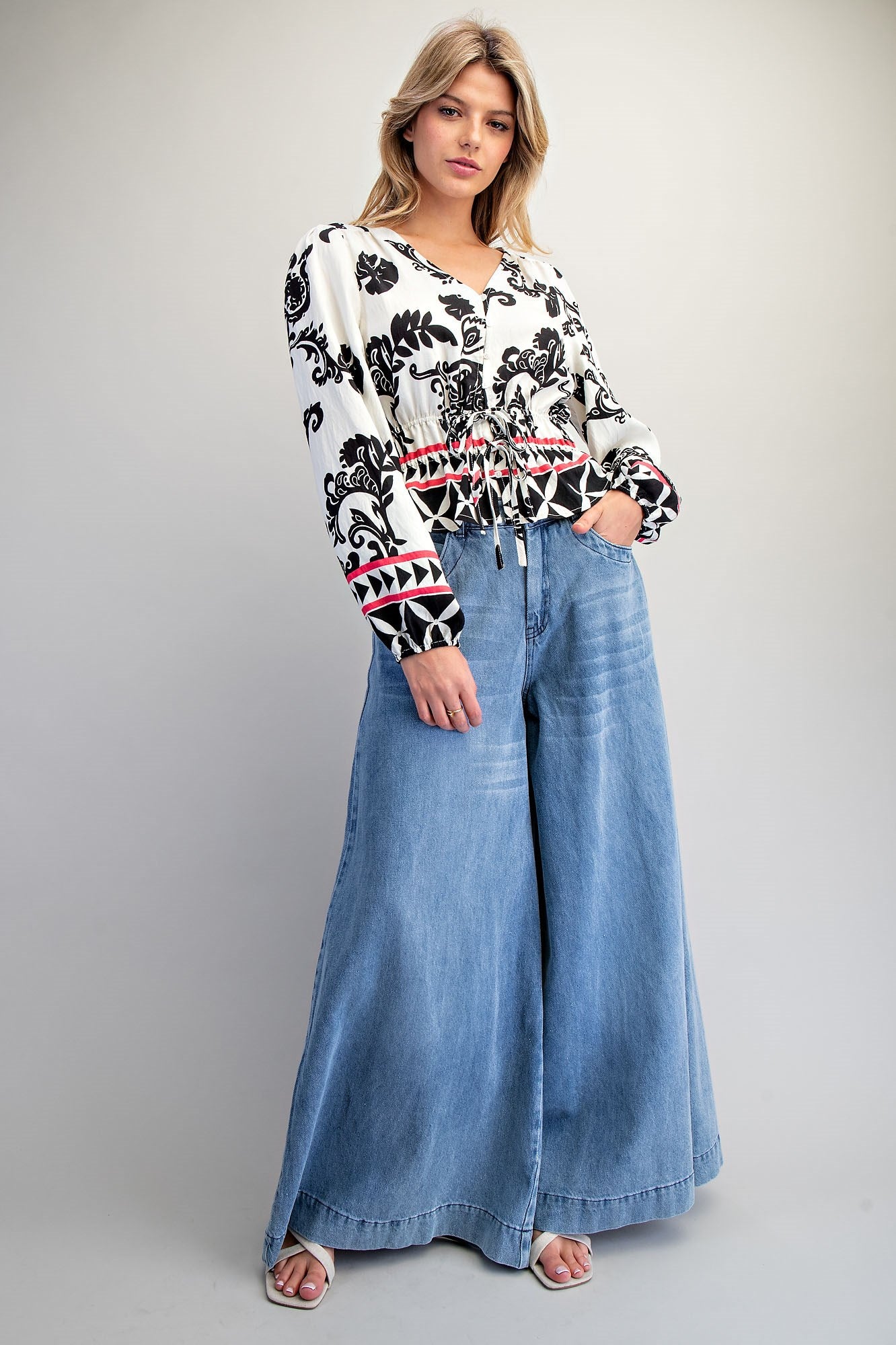 Botanical Inspired Peplum Tie Waist Blouse