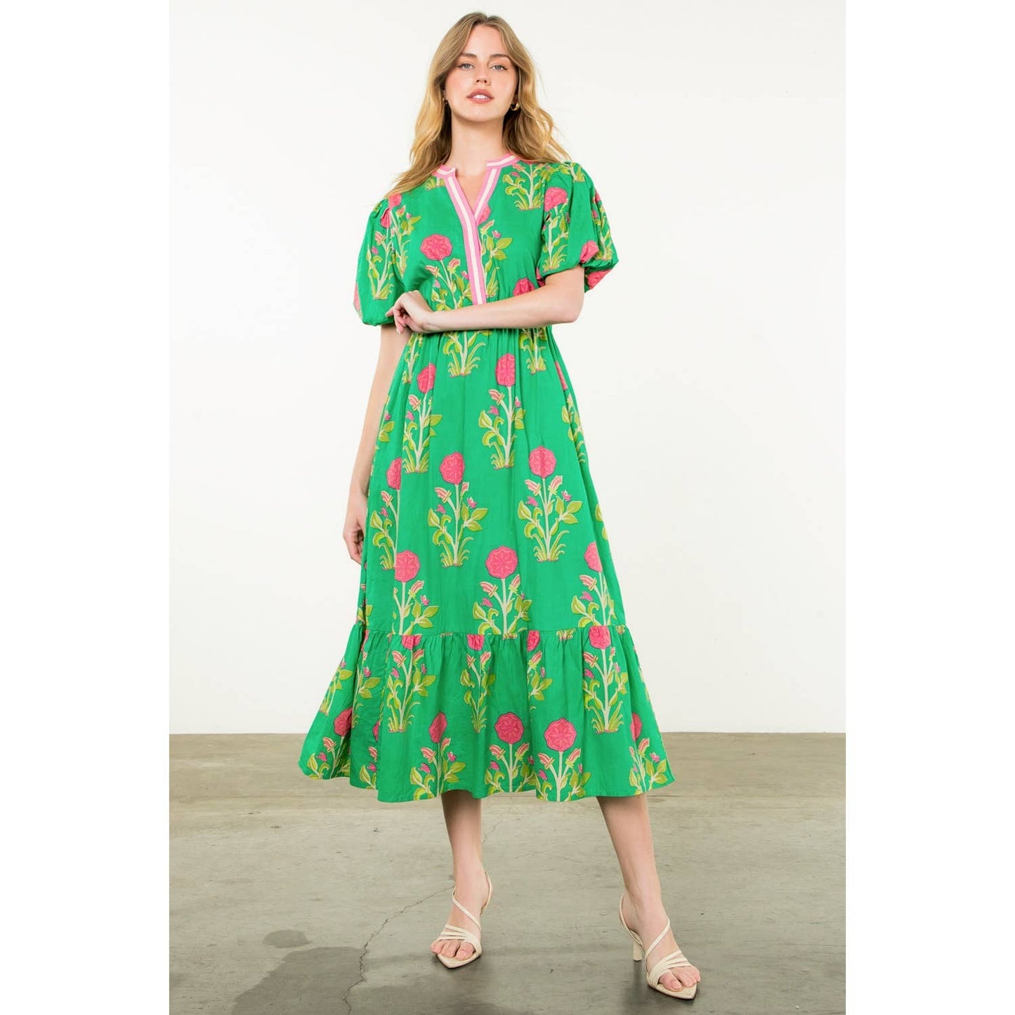 Puff Sleeve Flower Print Maxi Dress