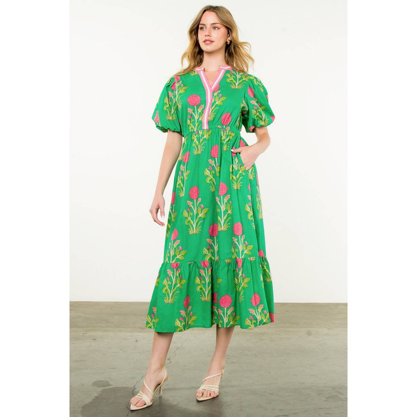 Puff Sleeve Flower Print Maxi Dress