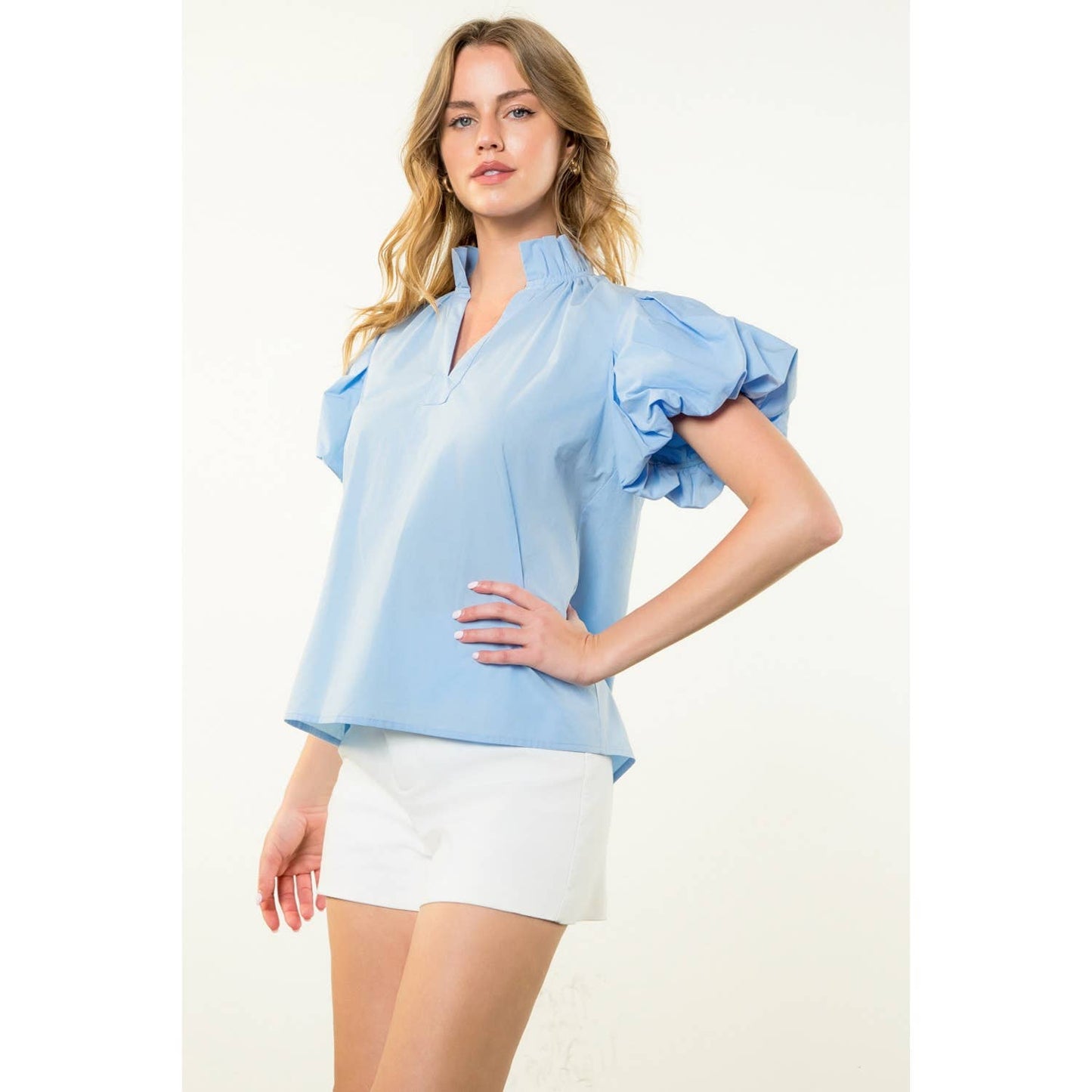 Short Puff Sleeve V-Neck Top