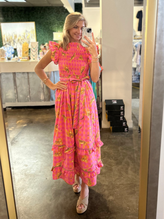 Hot Pink Cheetah Print Smocked Dress