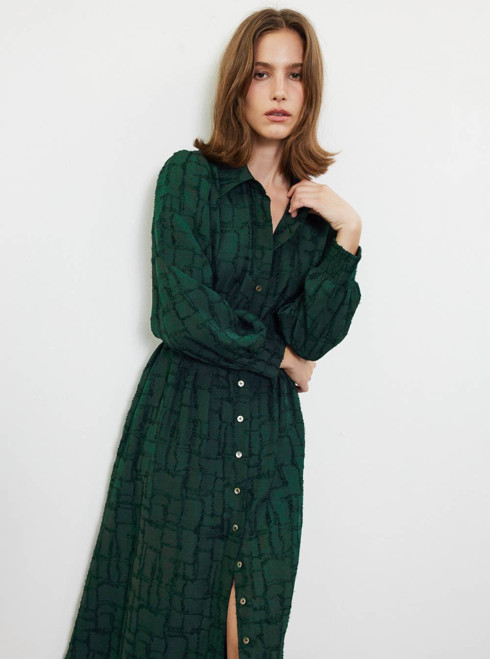 Textured Jacquard Shirt Midi Dress