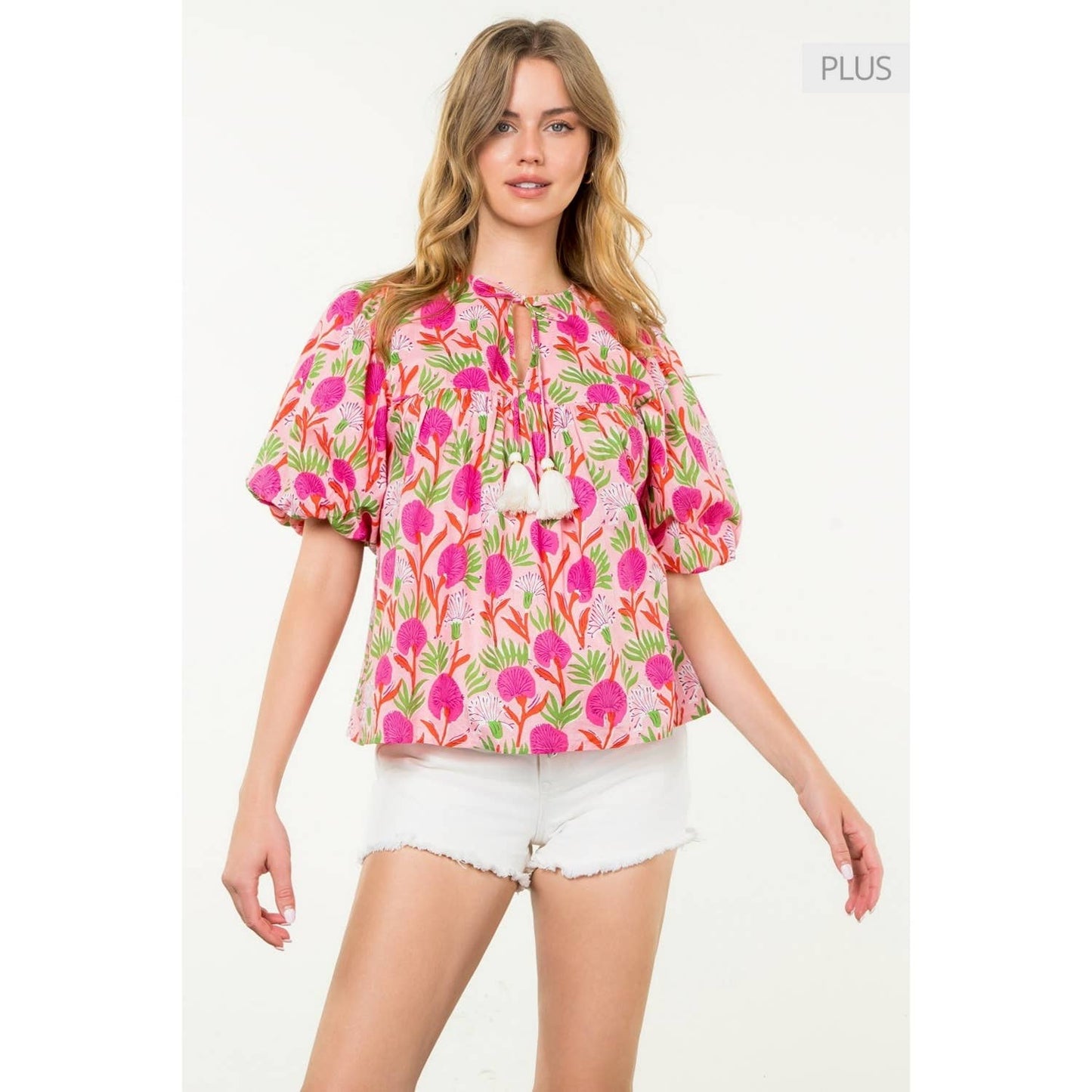 Puff Sleeve Floral Tassel Tie Top