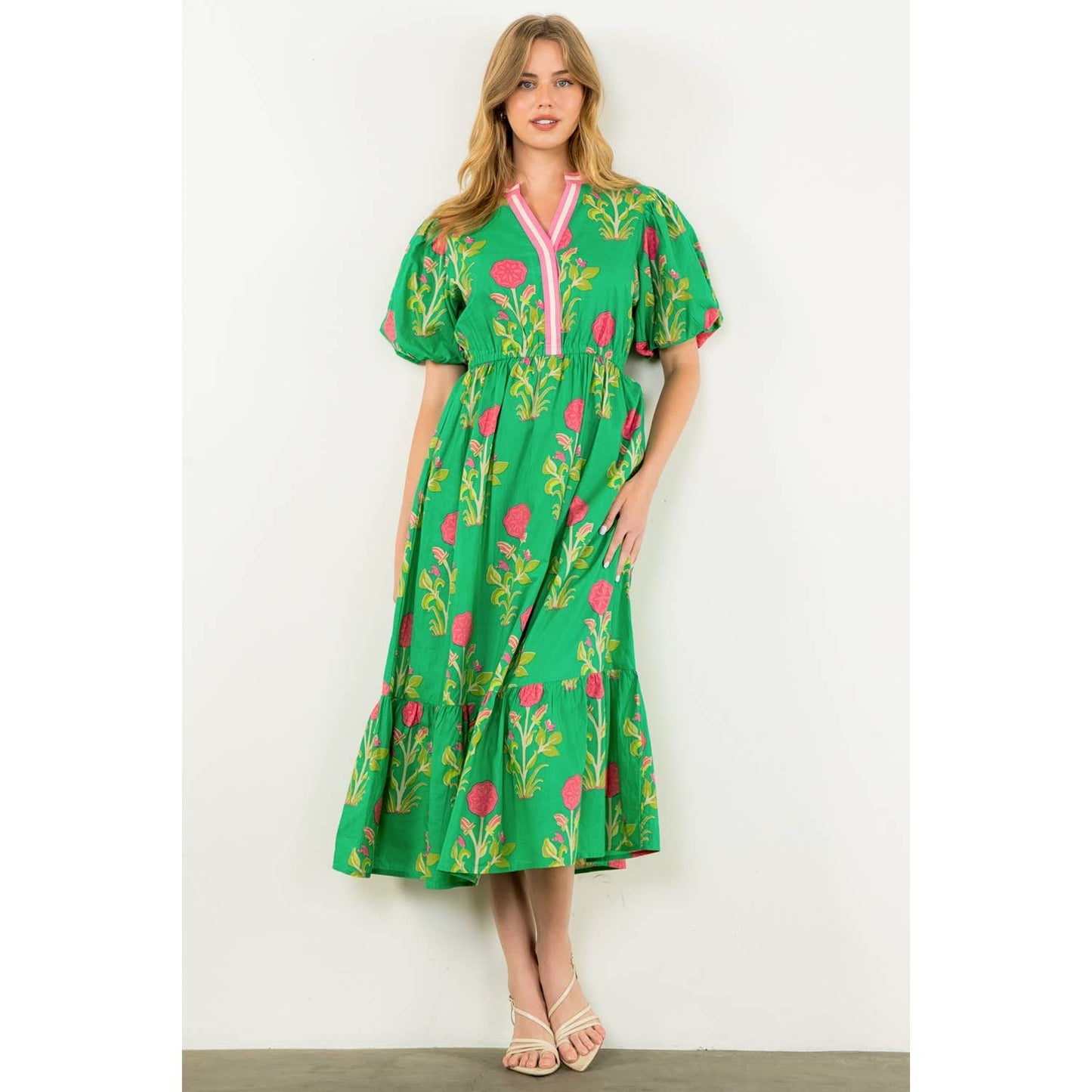 Puff Sleeve Flower Print Maxi Dress