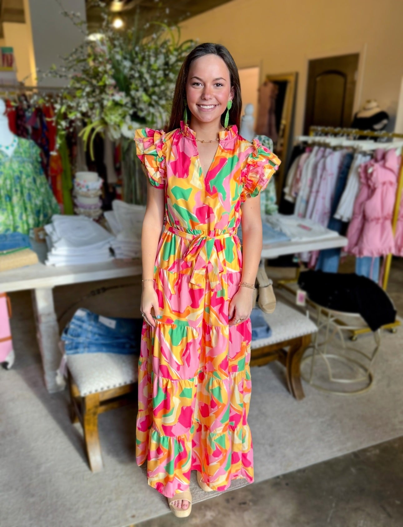 Pink Multicolor Pleated Flutter Sleeve Tie Front Maxi Dress