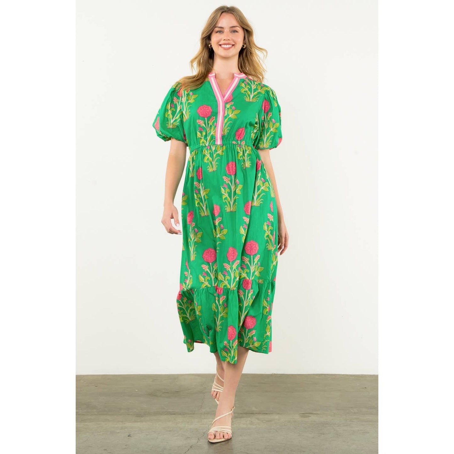 Puff Sleeve Flower Print Maxi Dress