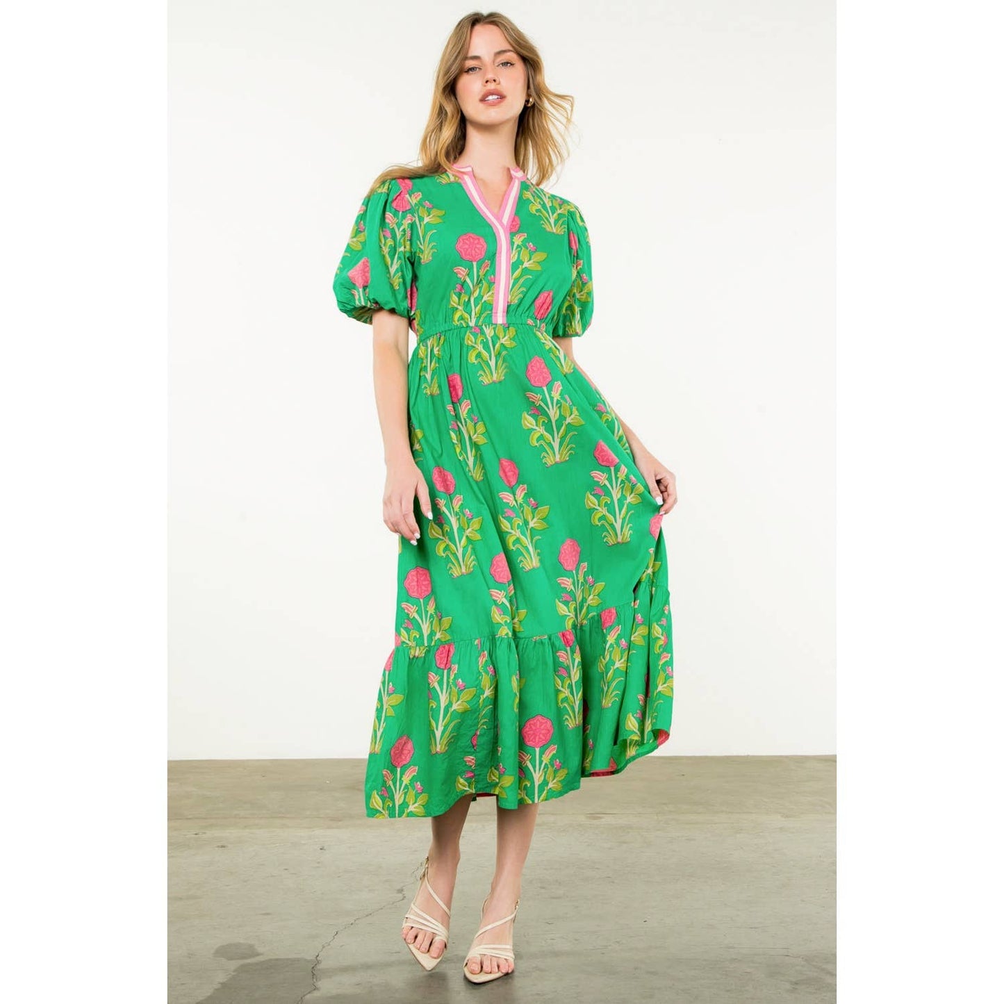Puff Sleeve Flower Print Maxi Dress