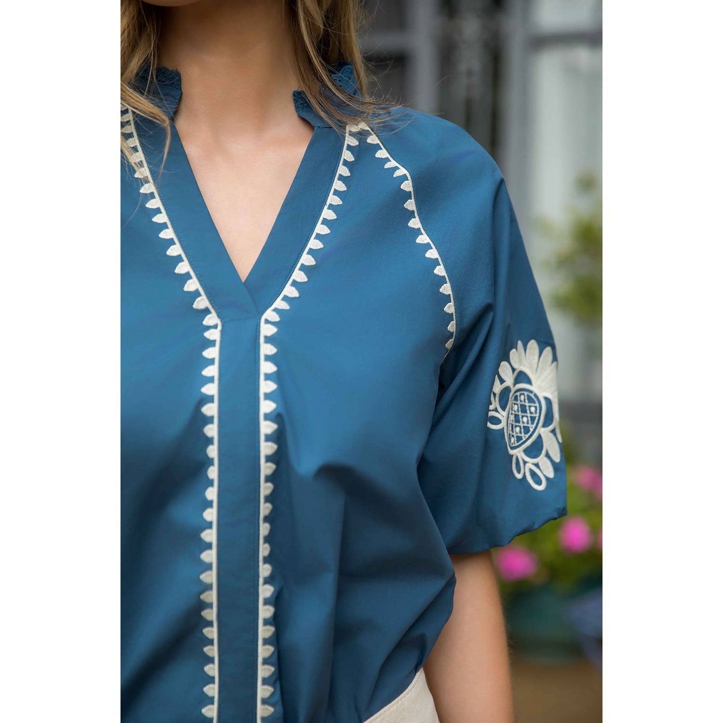 Embroidered V-Neck Puff Sleeve Top