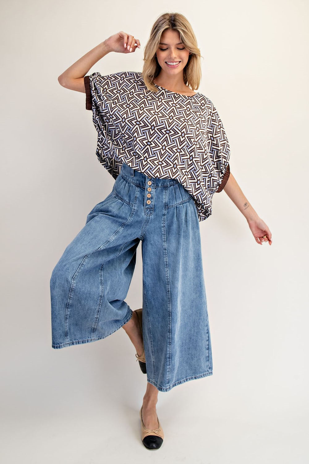 Mocha Geometric Pattern Dolman Sleeve Top