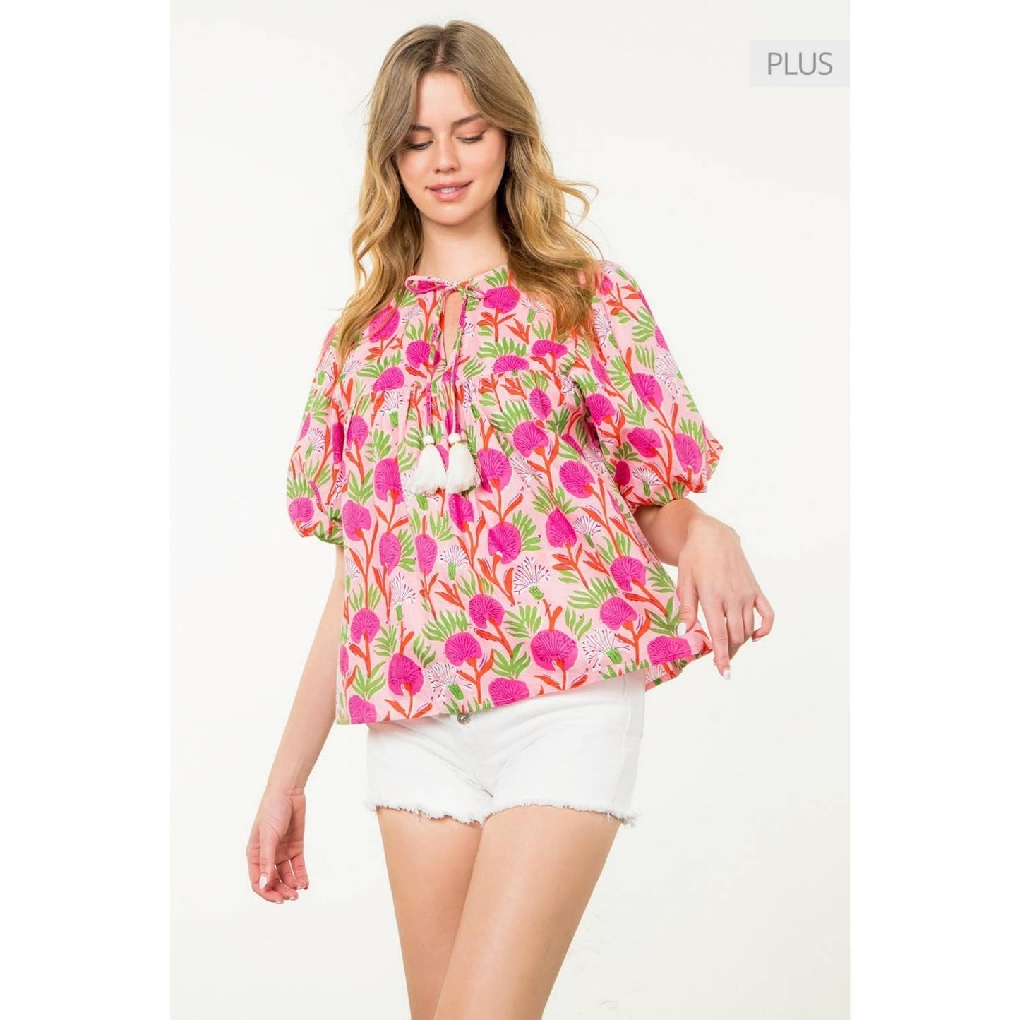 Puff Sleeve Floral Tassel Tie Top