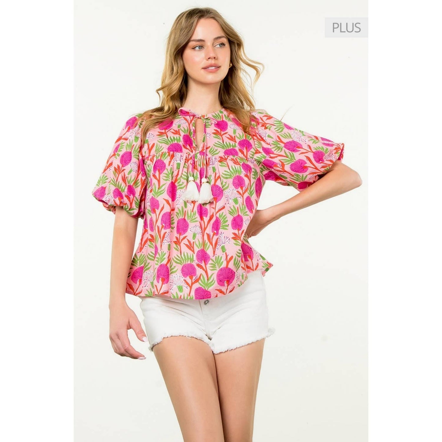 Puff Sleeve Floral Tassel Tie Top