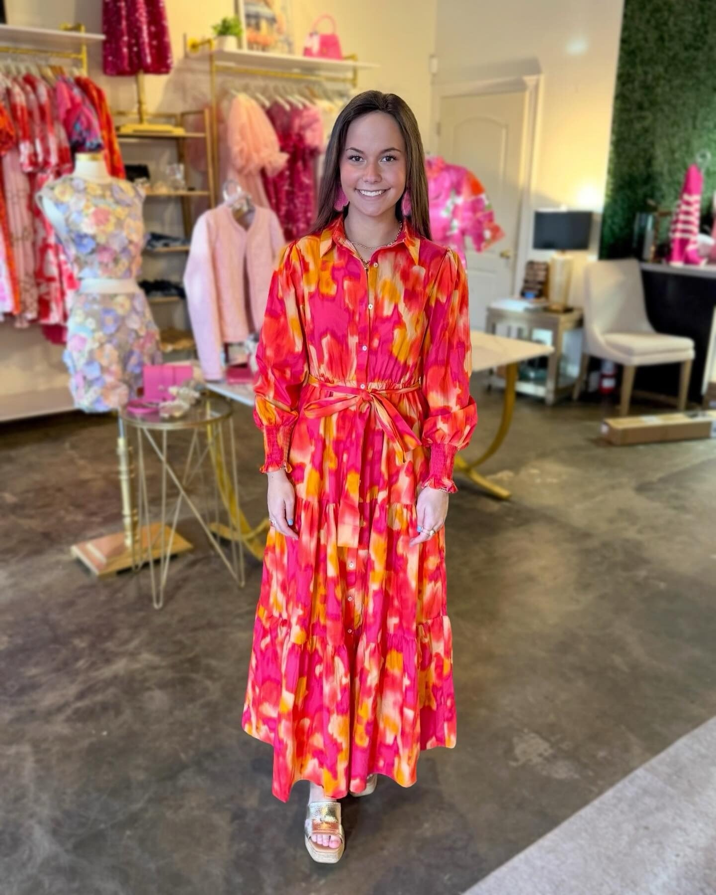 Brushed Print Button Down Maxi Dress