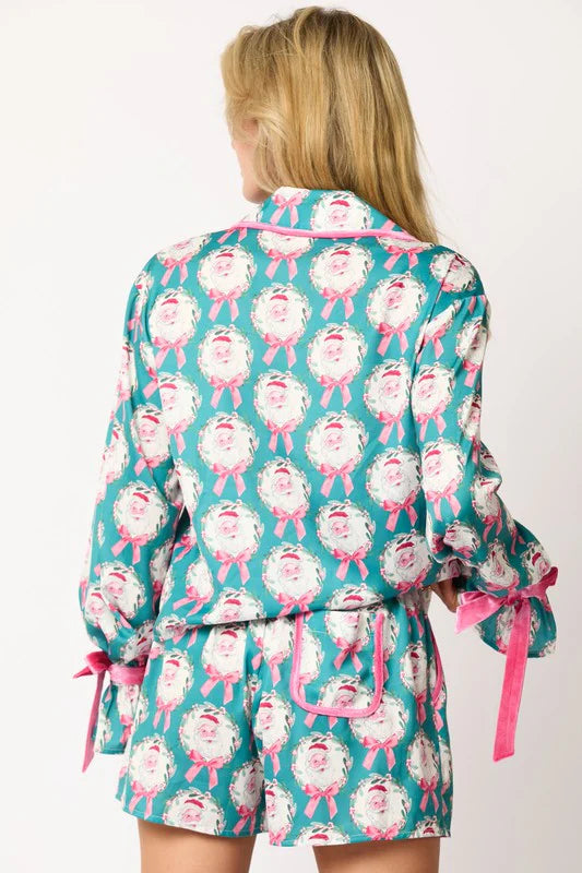 Satin Santa & Bow Print PJ Short Set