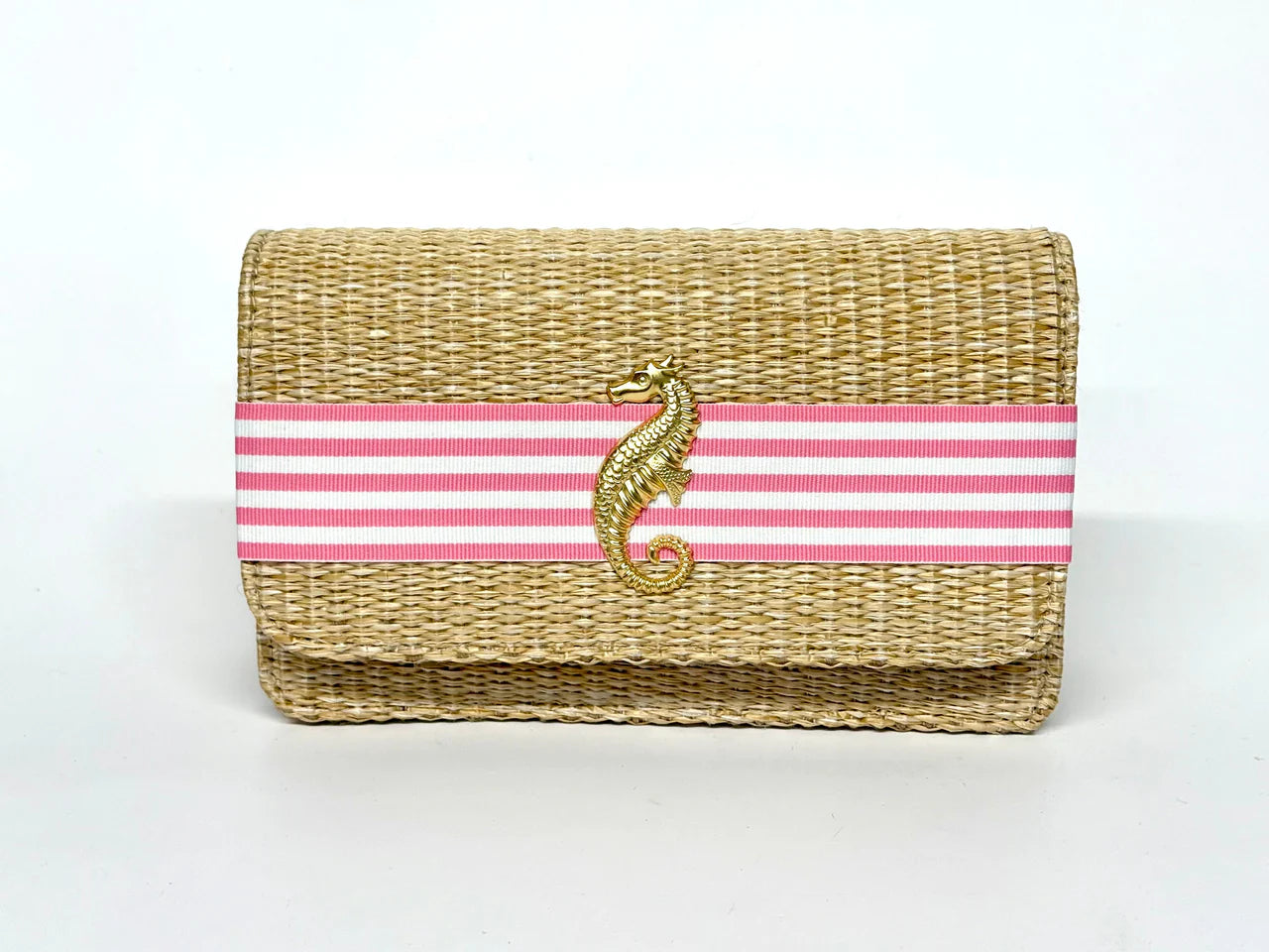Straw Scallop Clutch Ruby Pink BAND Charm Horse Head Gold