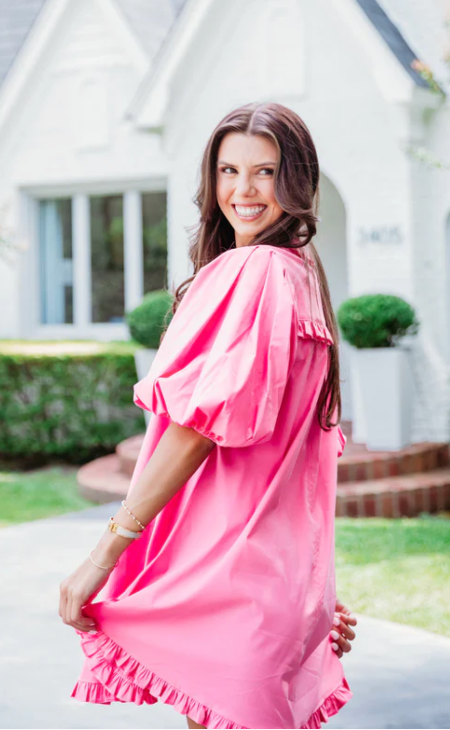 Solid Puff Sleeve Ruffle Pocket Dress