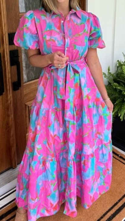 Pink & Blue Multicolor Maxi Dress