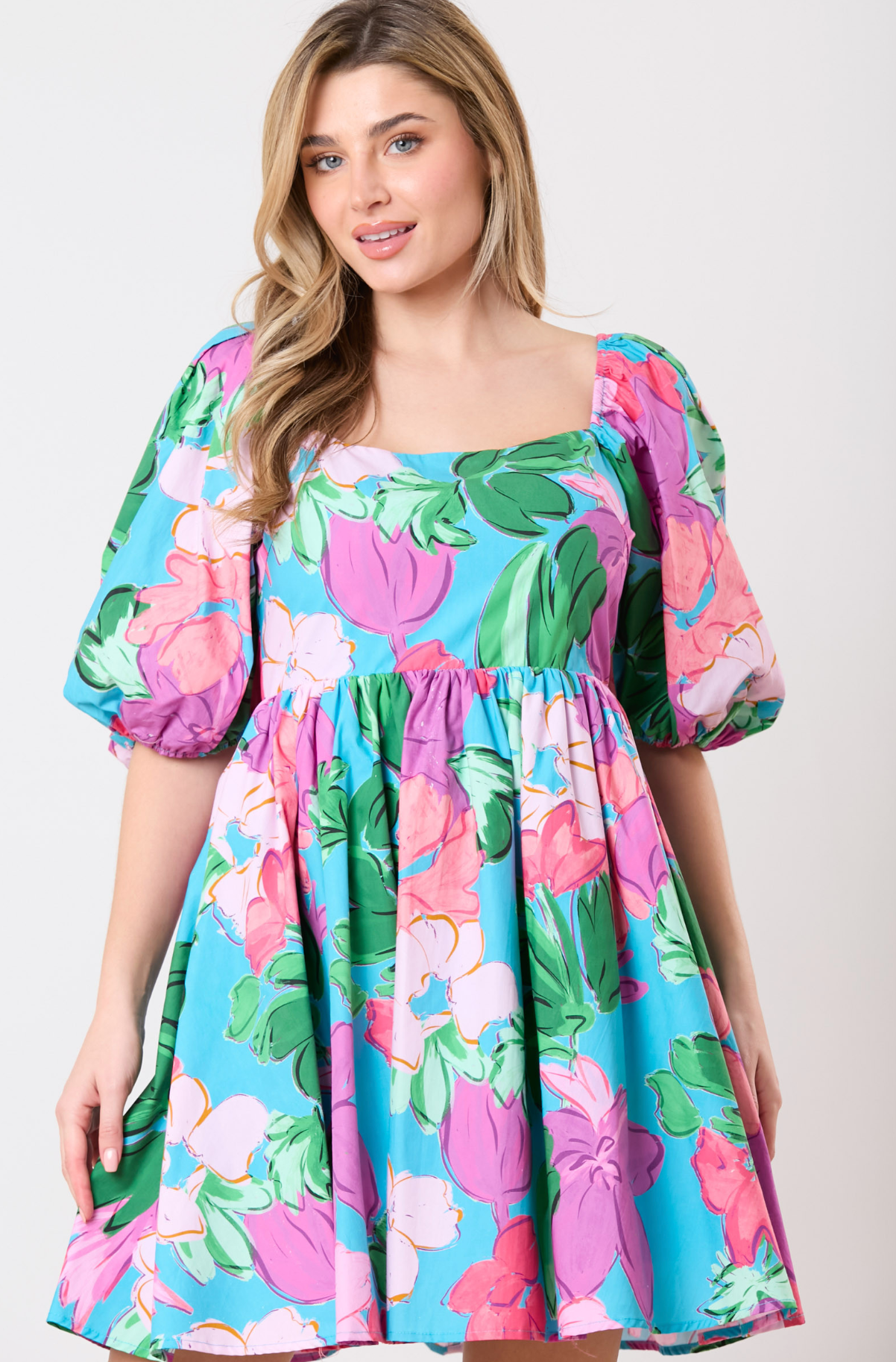 Poplin Floral Babydoll Puff Sleeve Dress