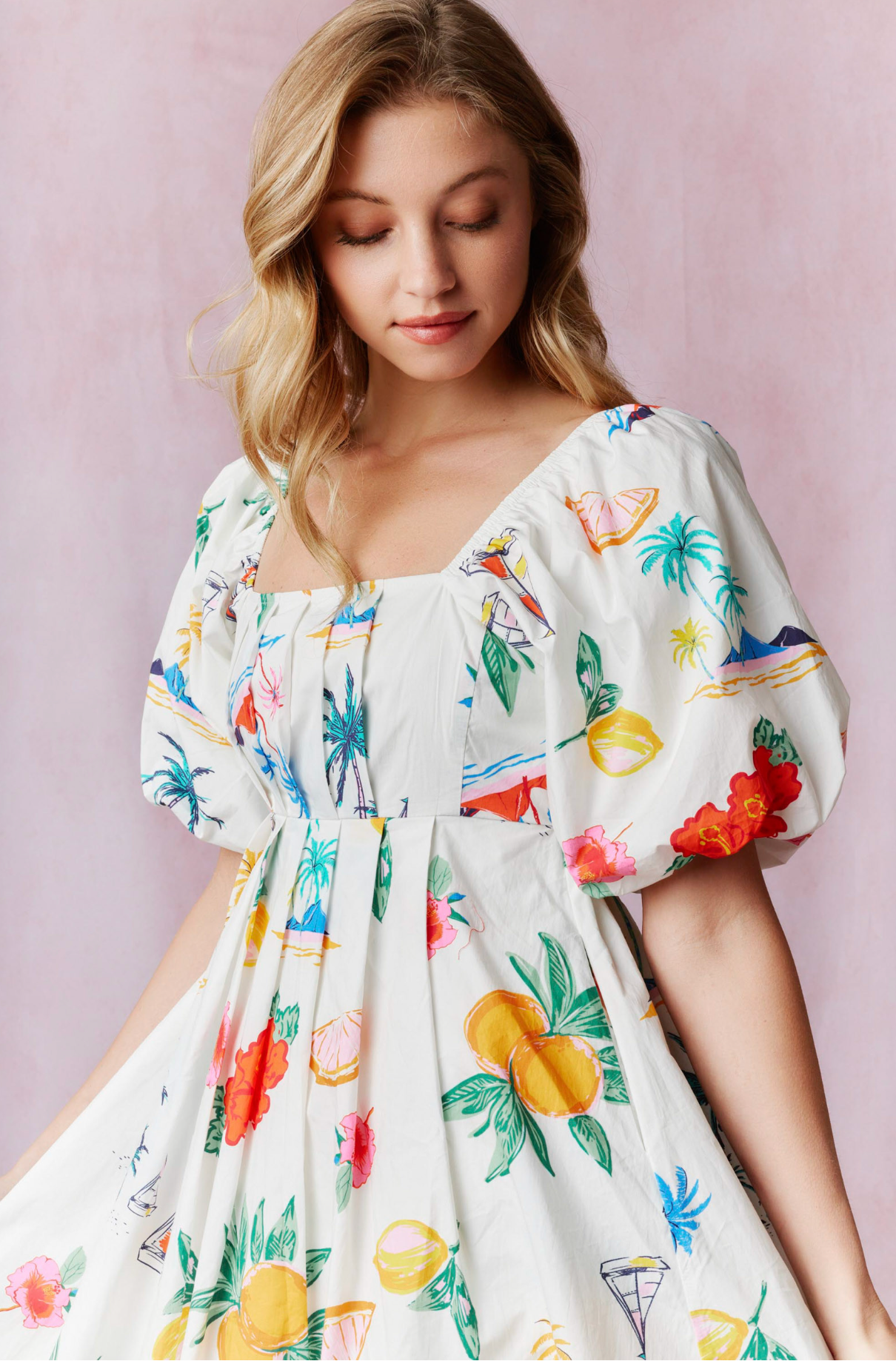 White Poplin Mini Dress W/Print