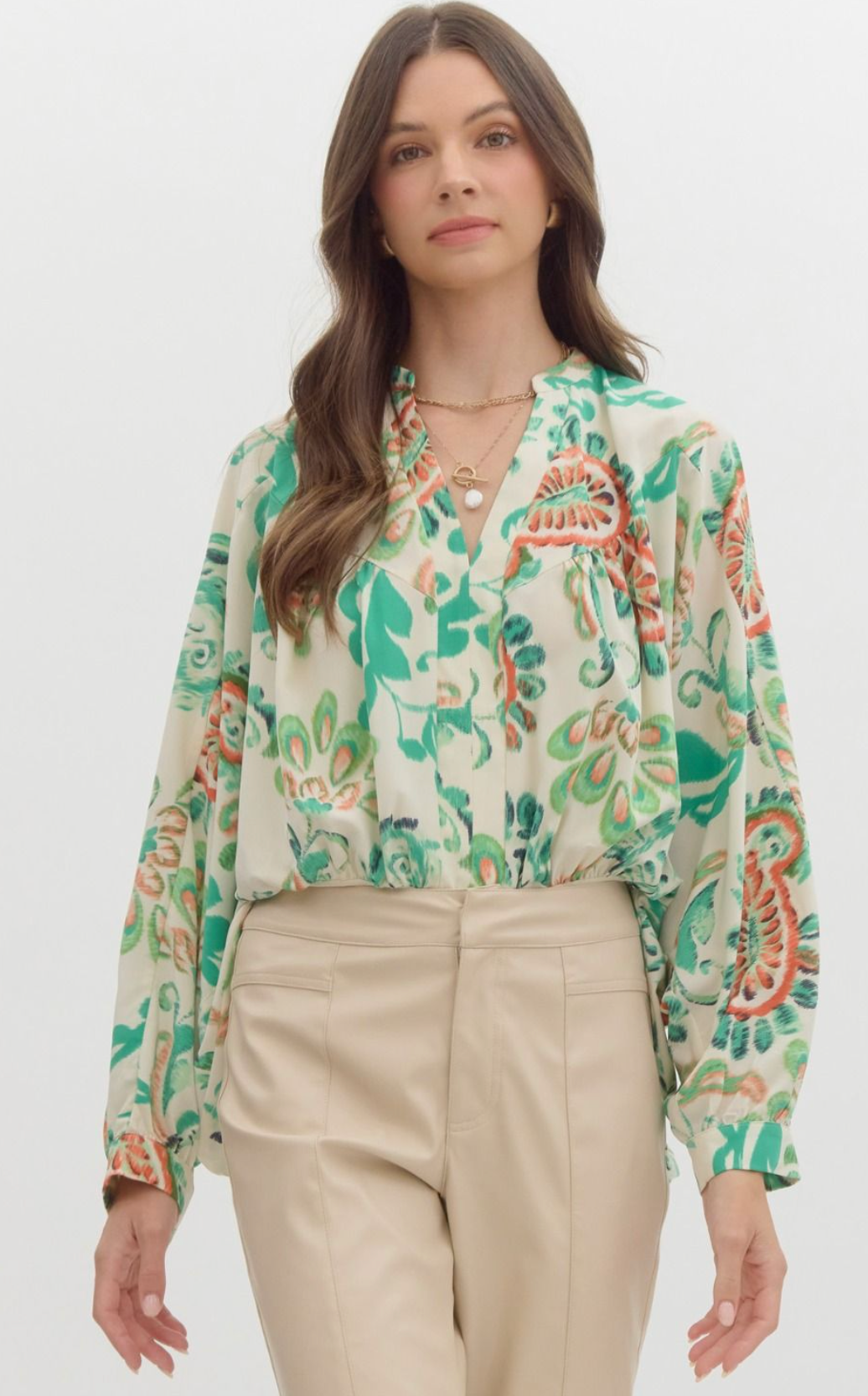 Paisley print v-neck long sleeve bodysuit