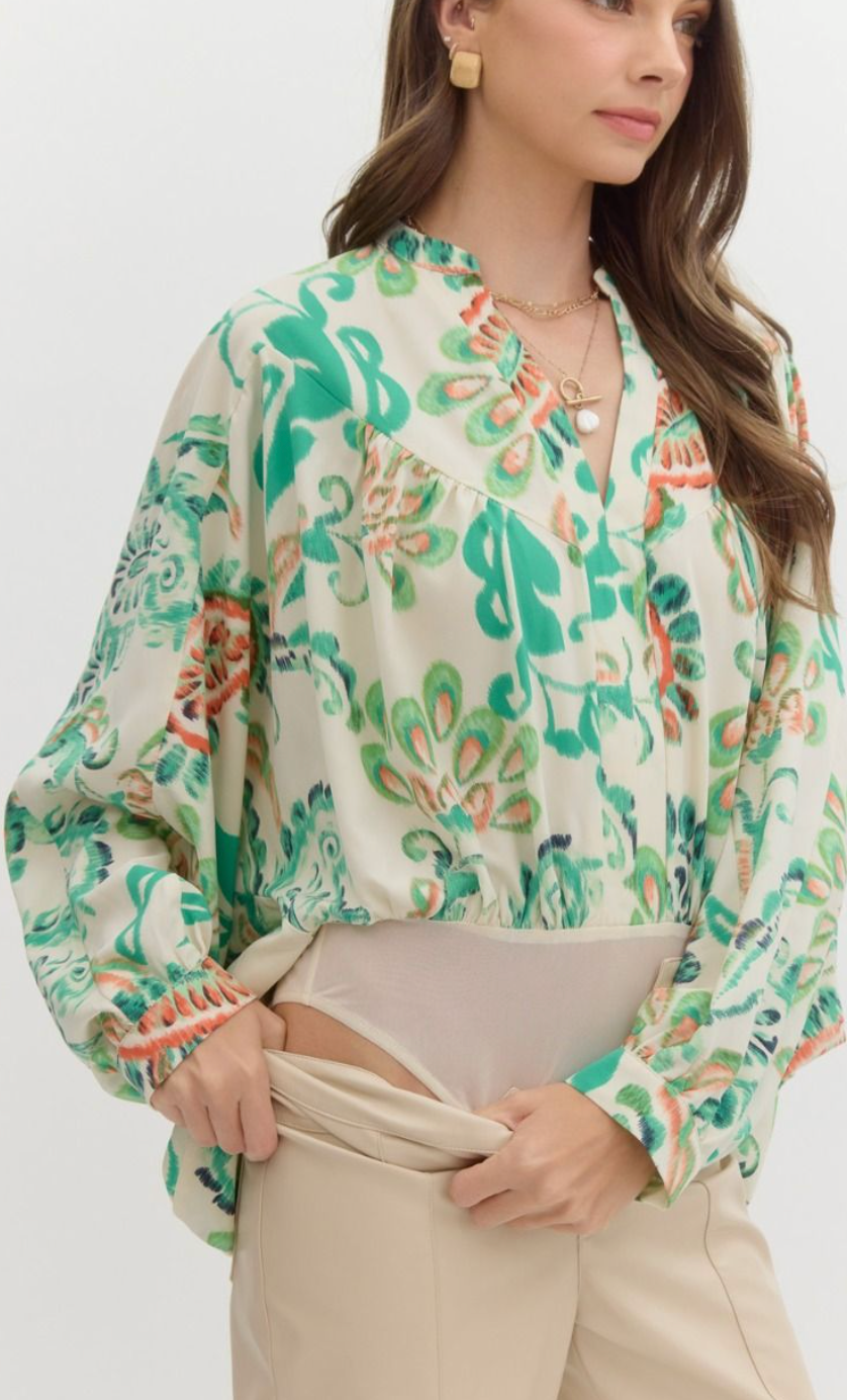 Paisley print v-neck long sleeve bodysuit