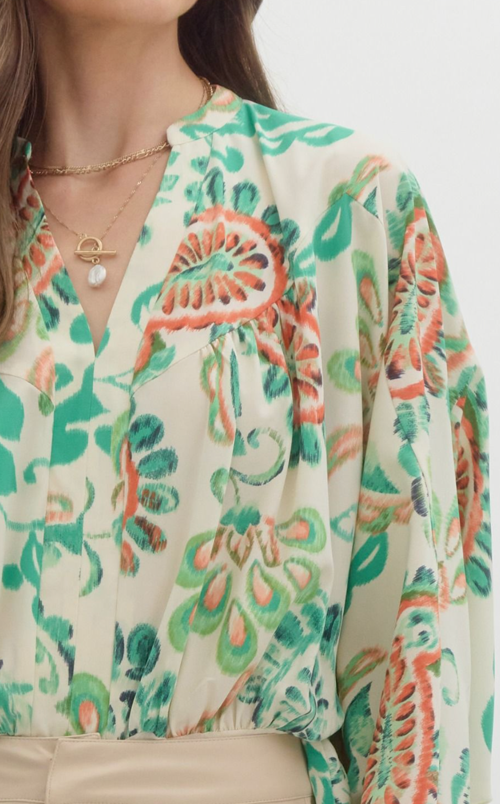 Paisley print v-neck long sleeve bodysuit
