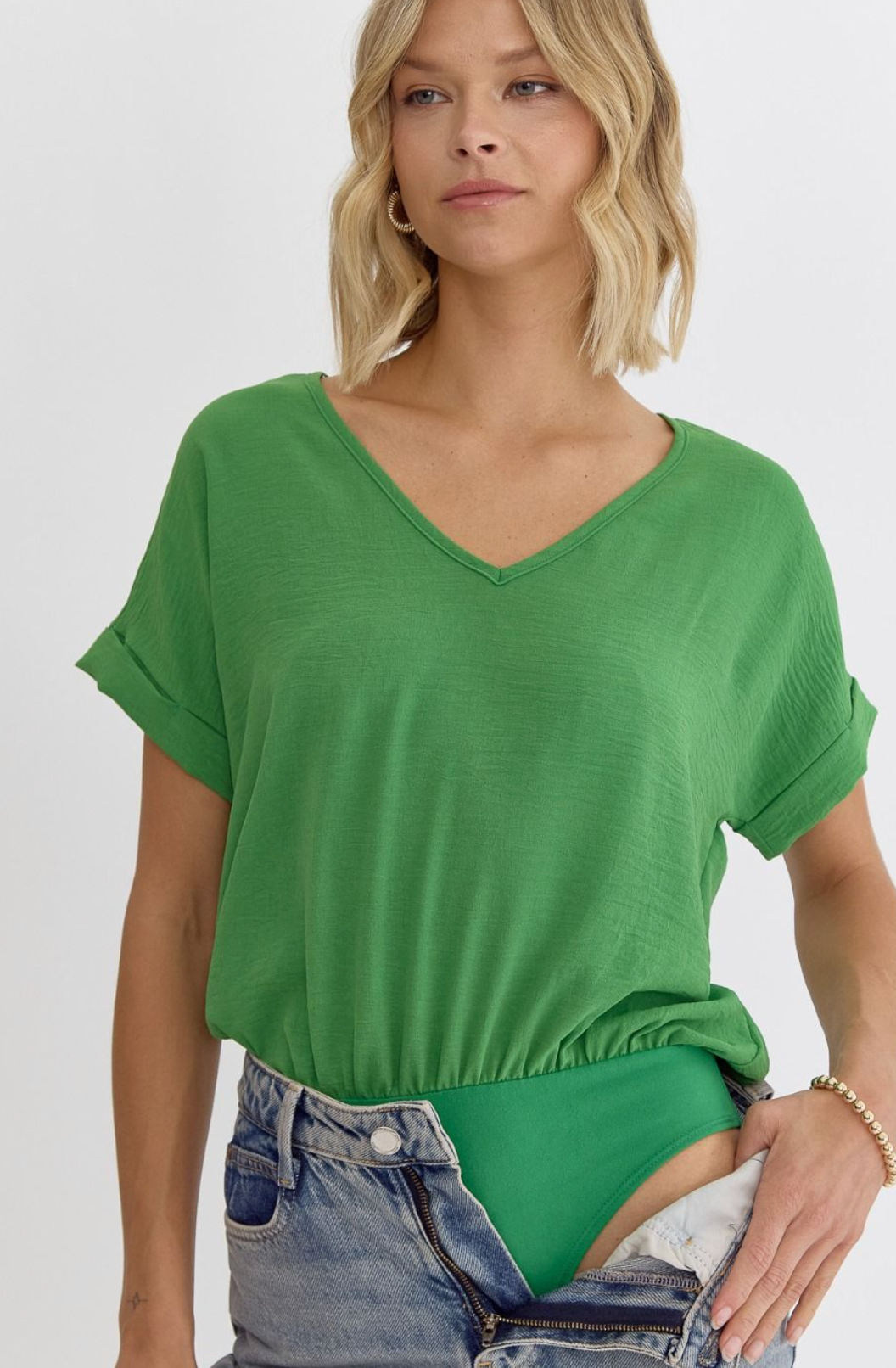 Solid V-neck Short Sleeve Bodysuit