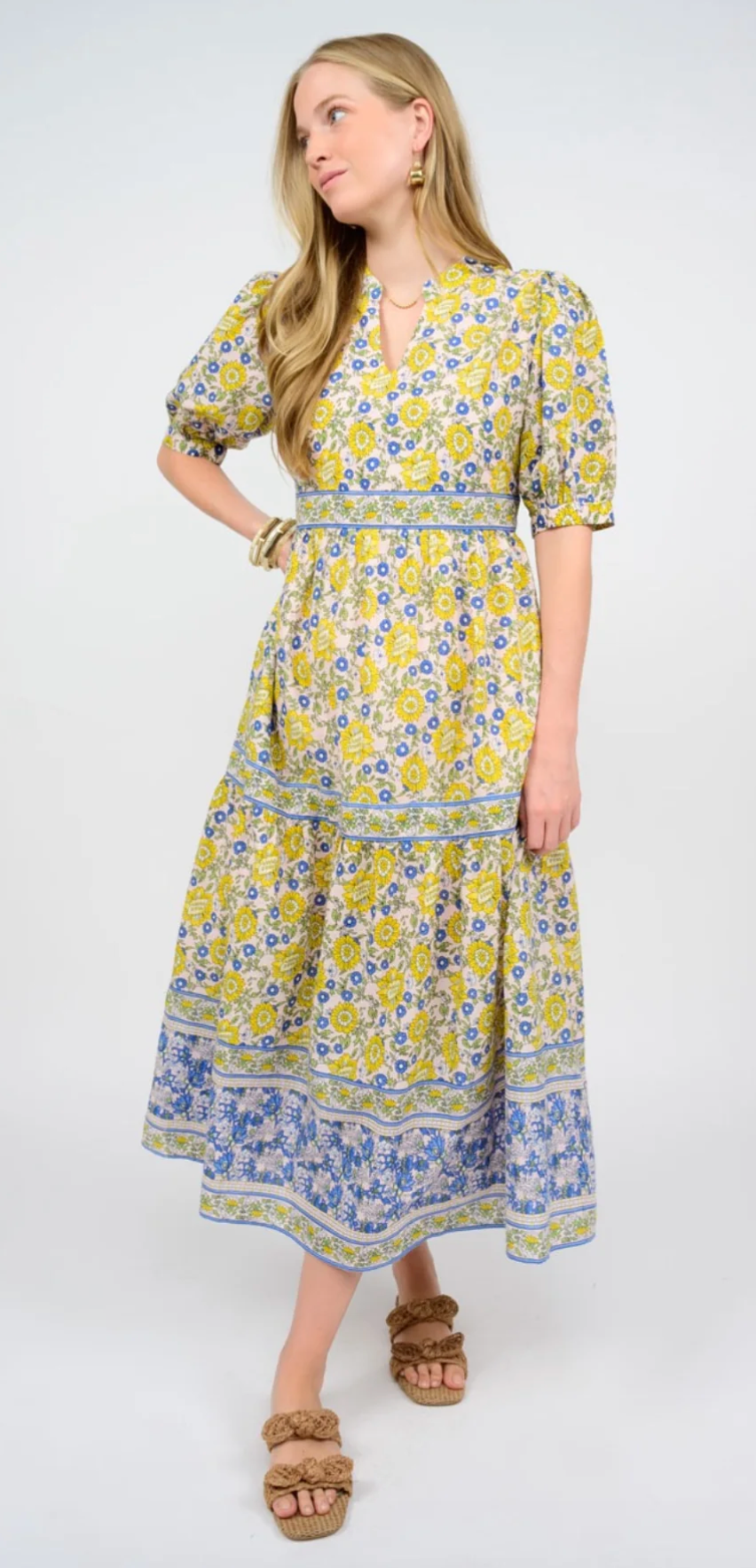 Lemon Banded Block Print Midi Dress