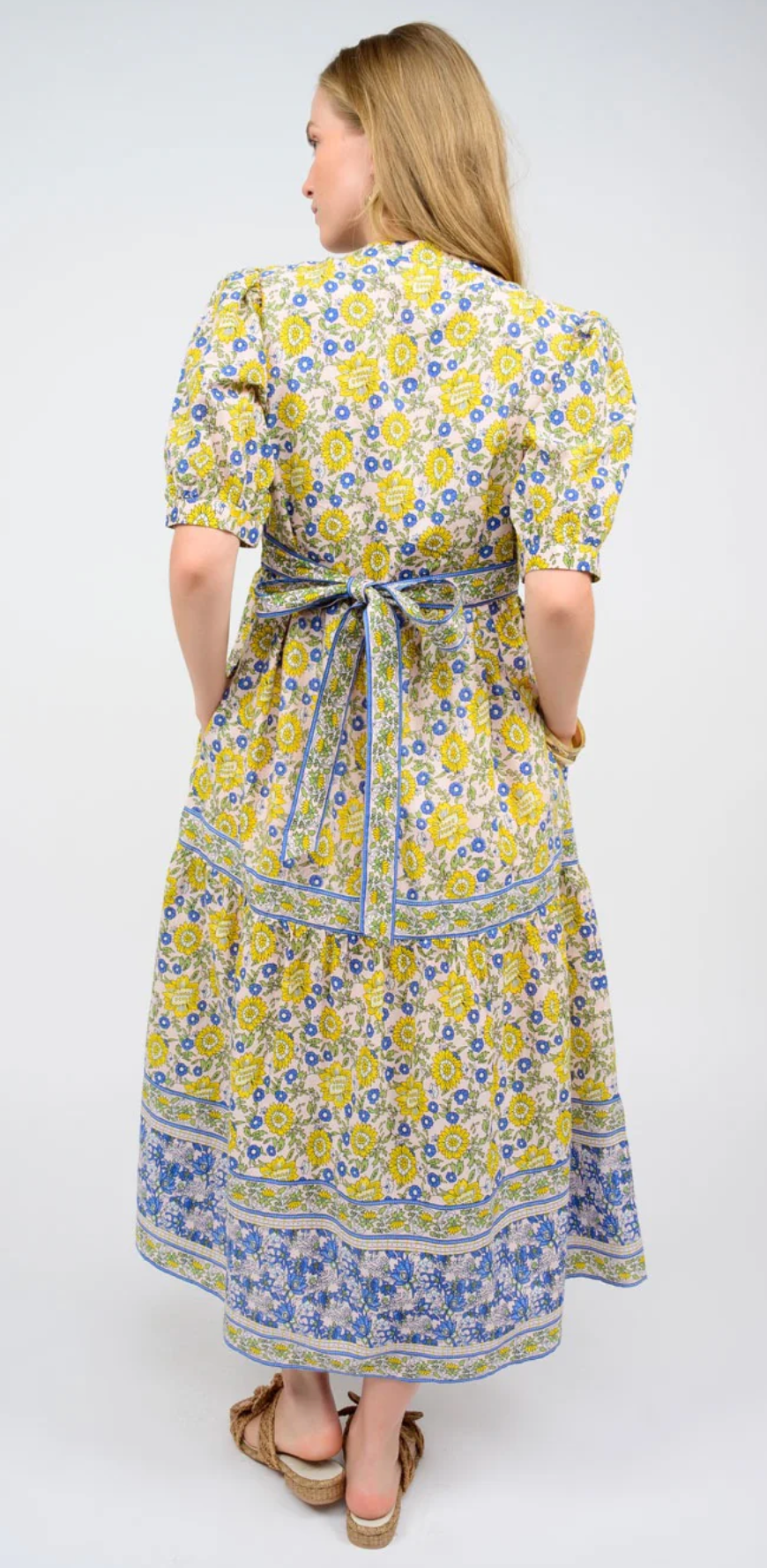 Lemon Banded Block Print Midi Dress