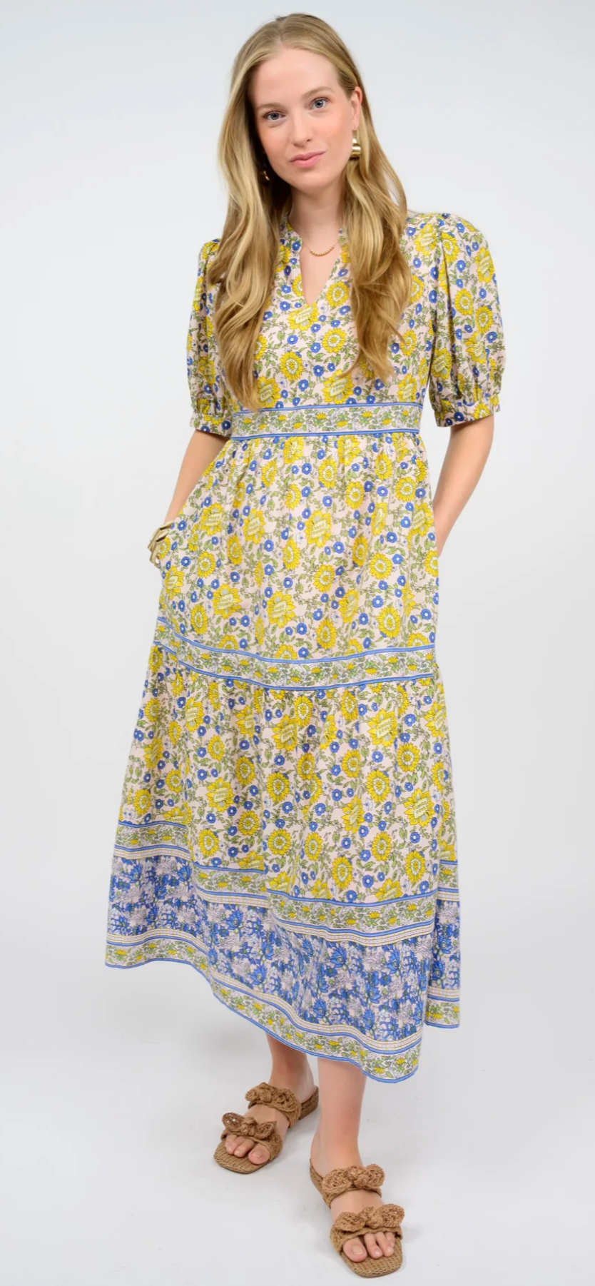 Lemon Banded Block Print Midi Dress