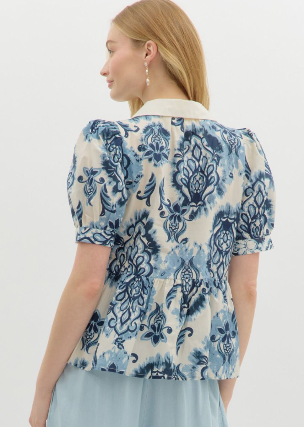 Ivory and Blue Puff Sleeve Top