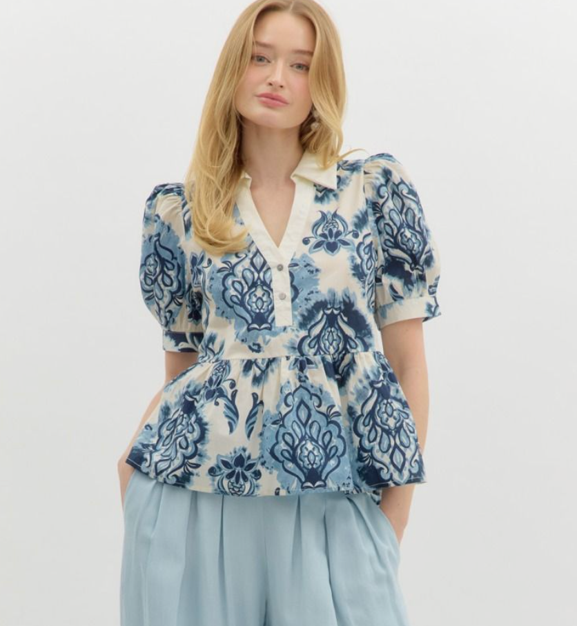 Ivory and Blue Puff Sleeve Top