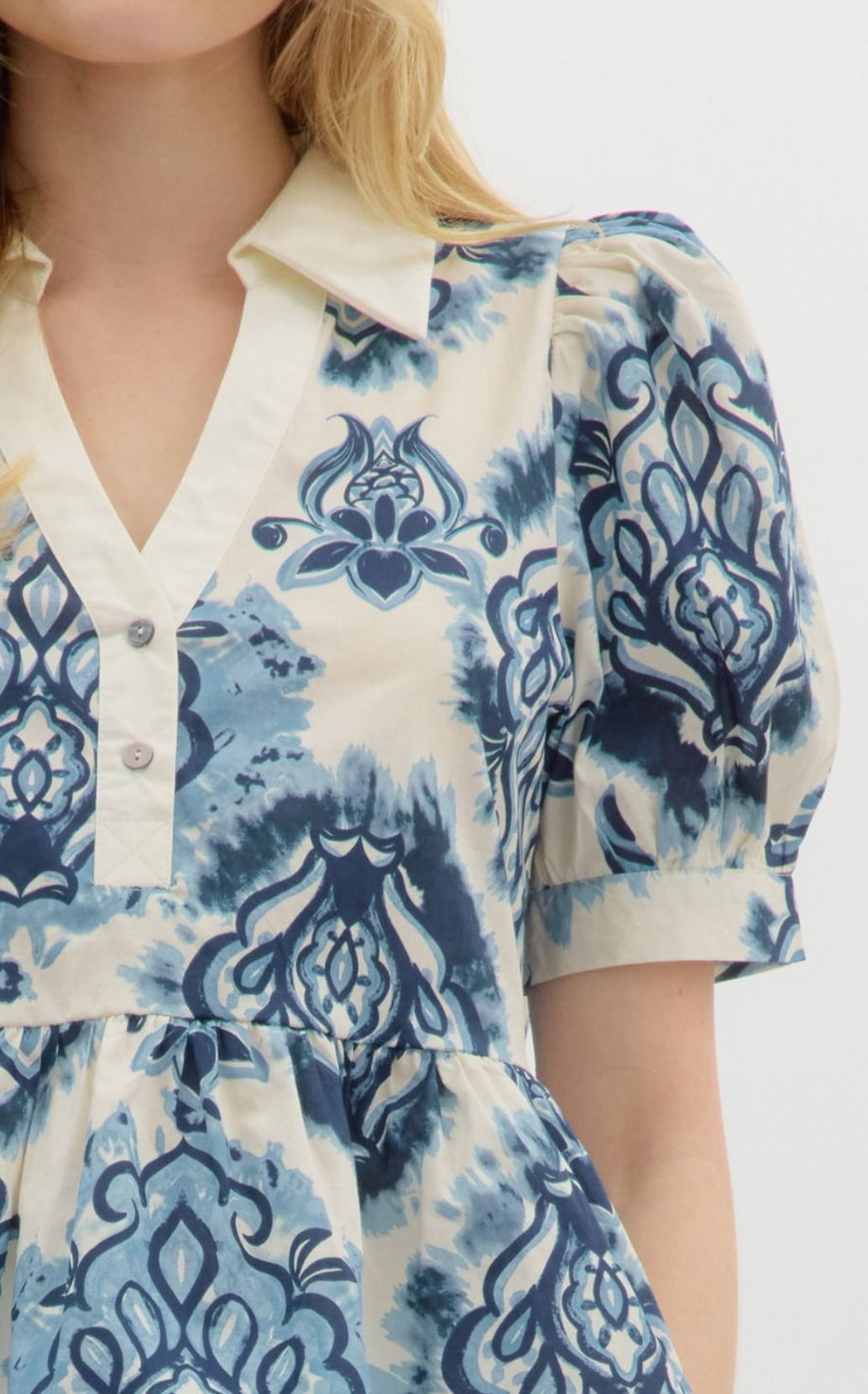 Ivory and Blue Puff Sleeve Top