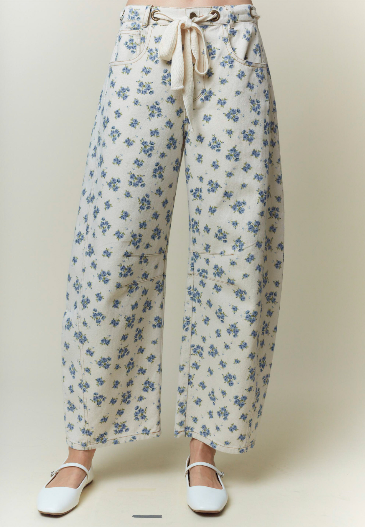 Floral Printed Waist Tie Denim Pants