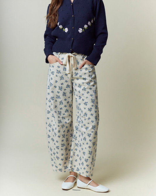 Floral Printed Waist Tie Denim Pants