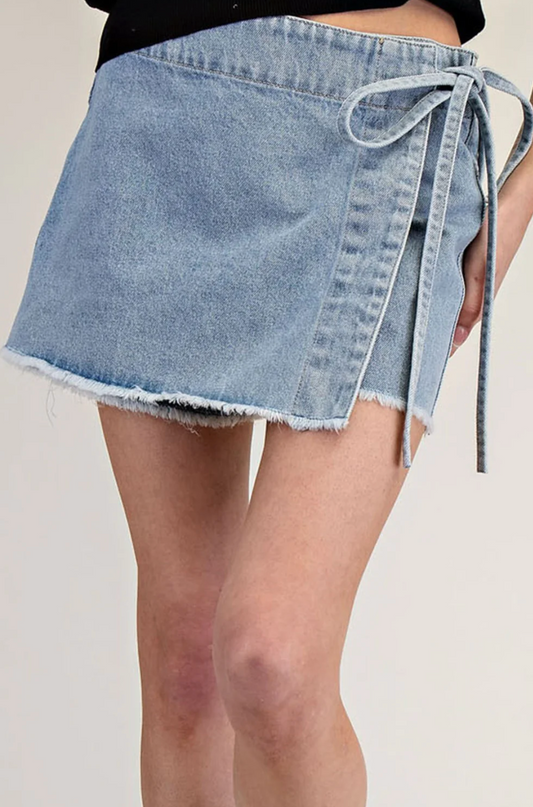 Denim Wrap Tie Waist Skort
