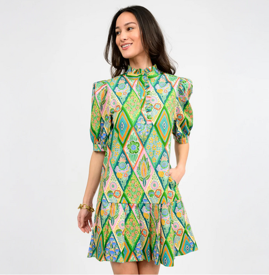Pleated Hem Mini Green Dress