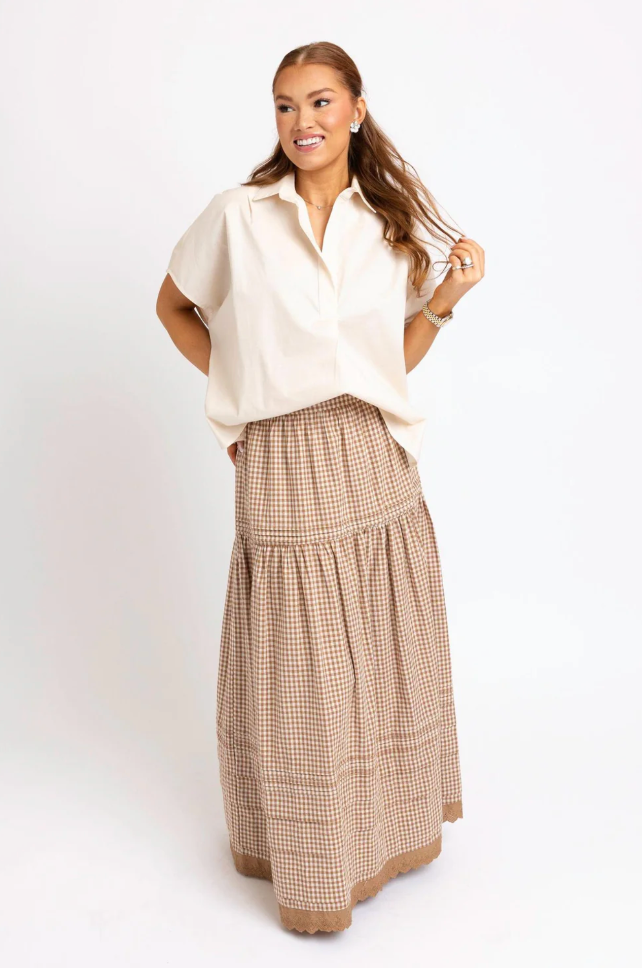 Gingham Tier Maxi Skirt | Brown