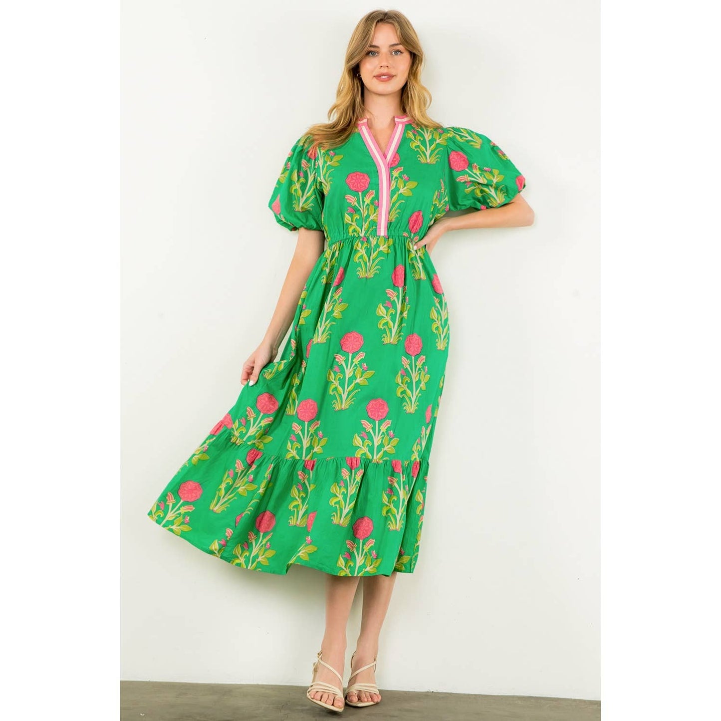 Puff Sleeve Flower Print Maxi Dress