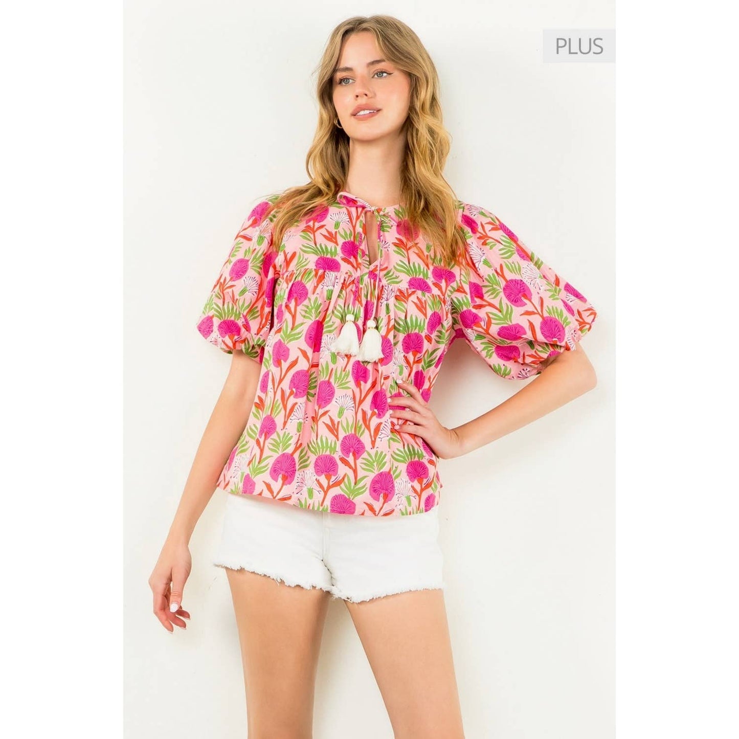 Puff Sleeve Floral Tassel Tie Top