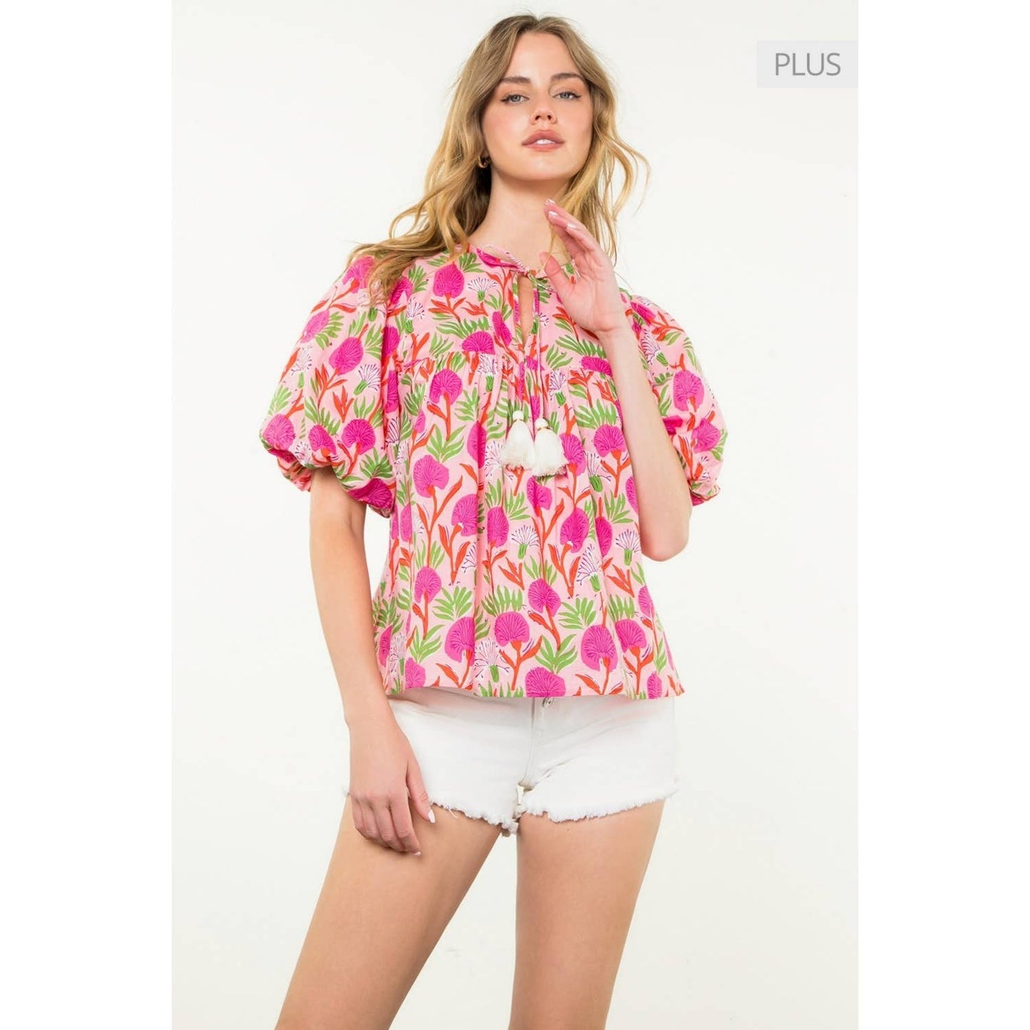 Puff Sleeve Floral Tassel Tie Top