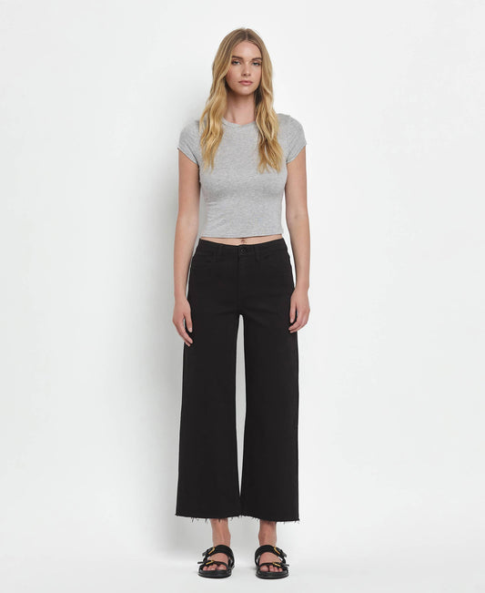 HIGH RISE BLACK CROP WIDE LEG JEANS