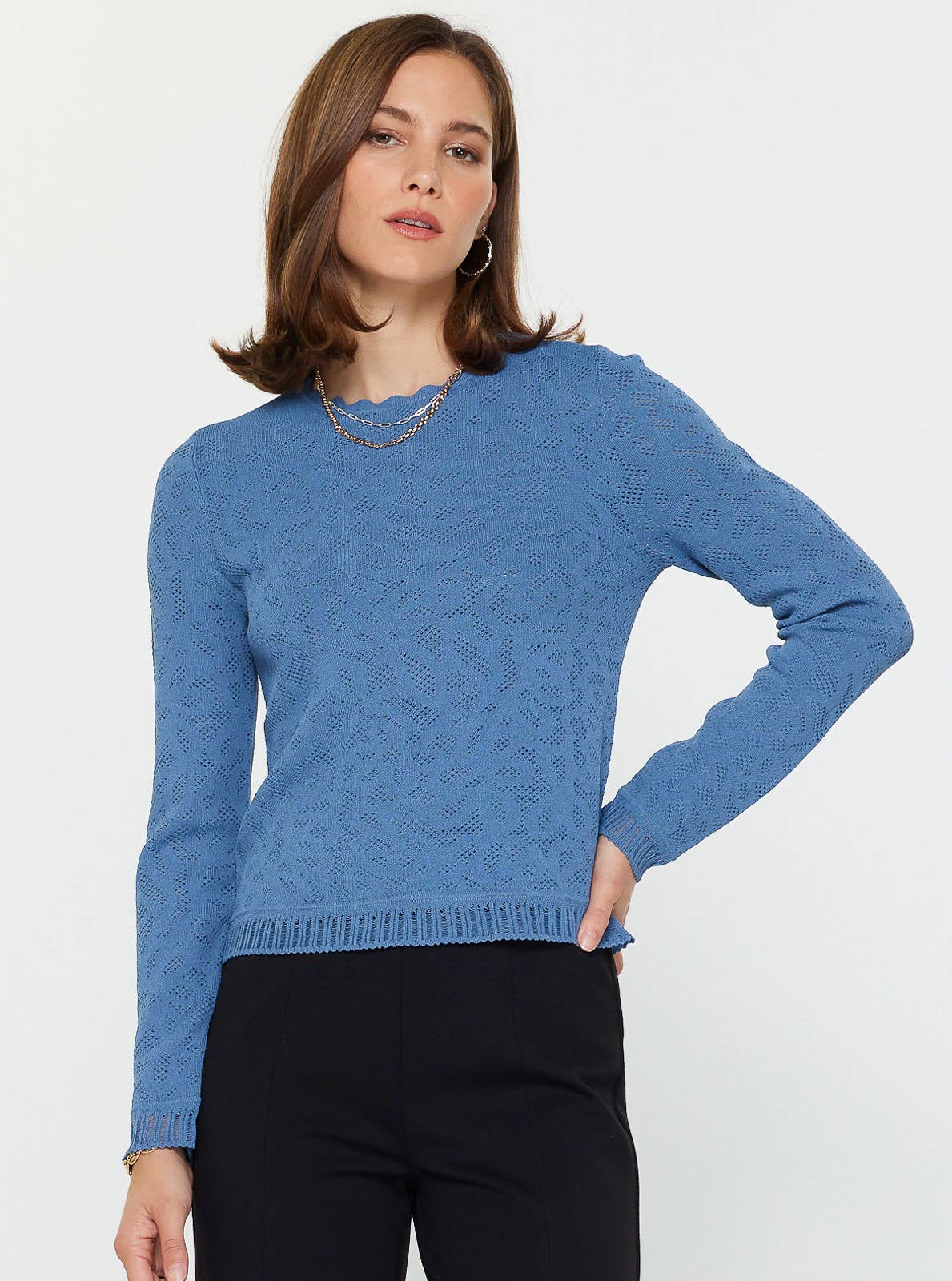 Scalloped Neck Textural Knit Sweater
