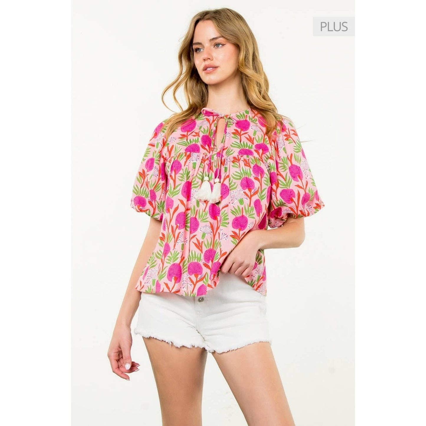 Puff Sleeve Floral Tassel Tie Top