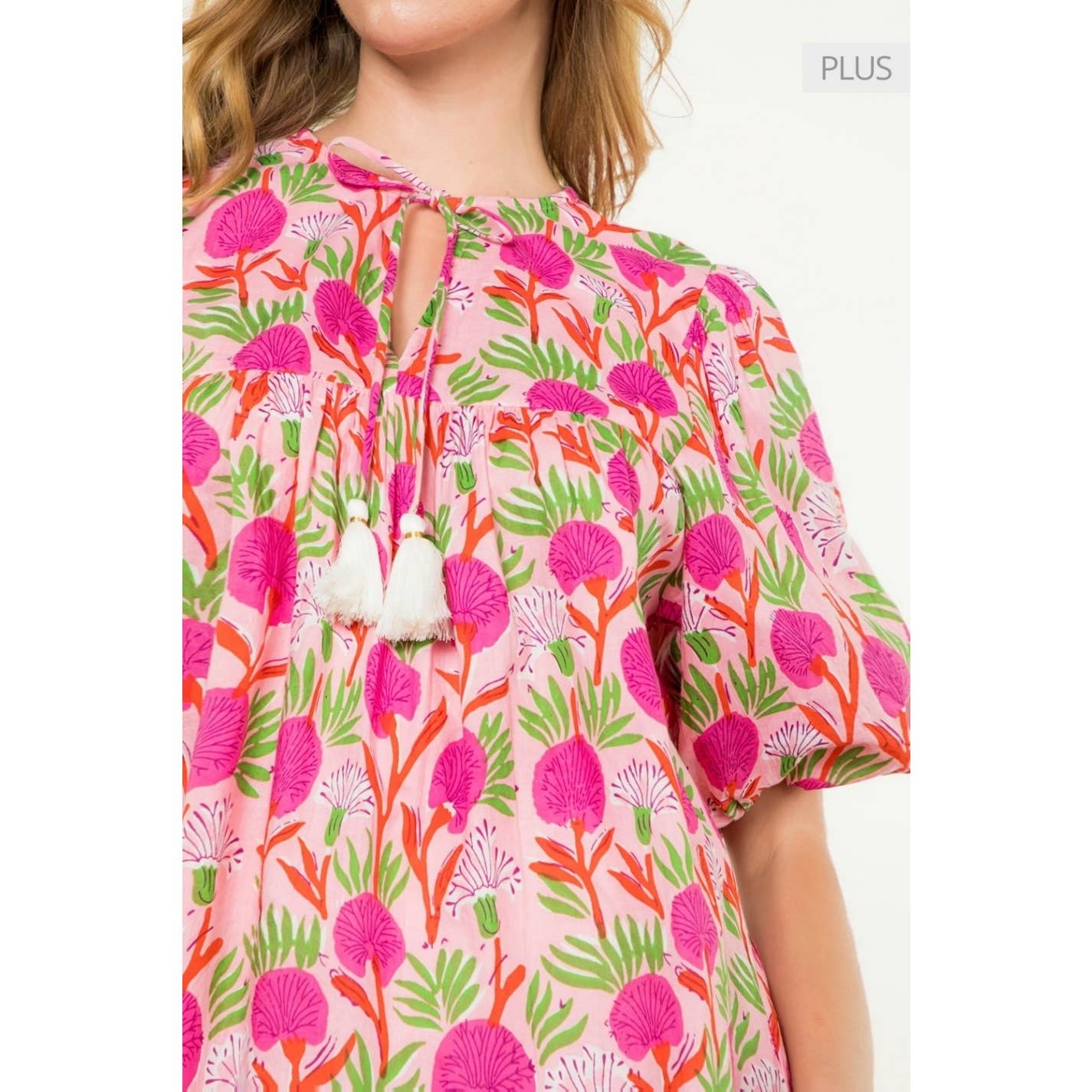 Puff Sleeve Floral Tassel Tie Top