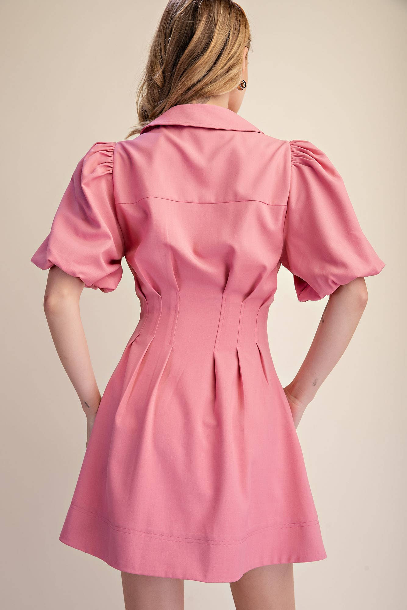 Pleated Dress Balloon Sleeve Waist Mini Fit & Flare