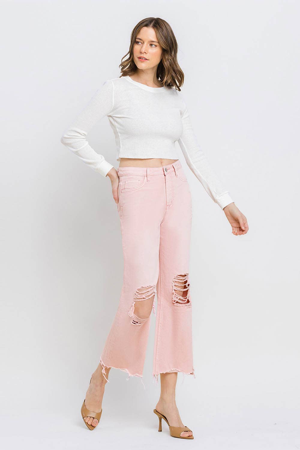 24-90'S VINTAGE SUPER HIGH RISE CROP FLARE JEANS V2736PK: POWDER PINK / 24