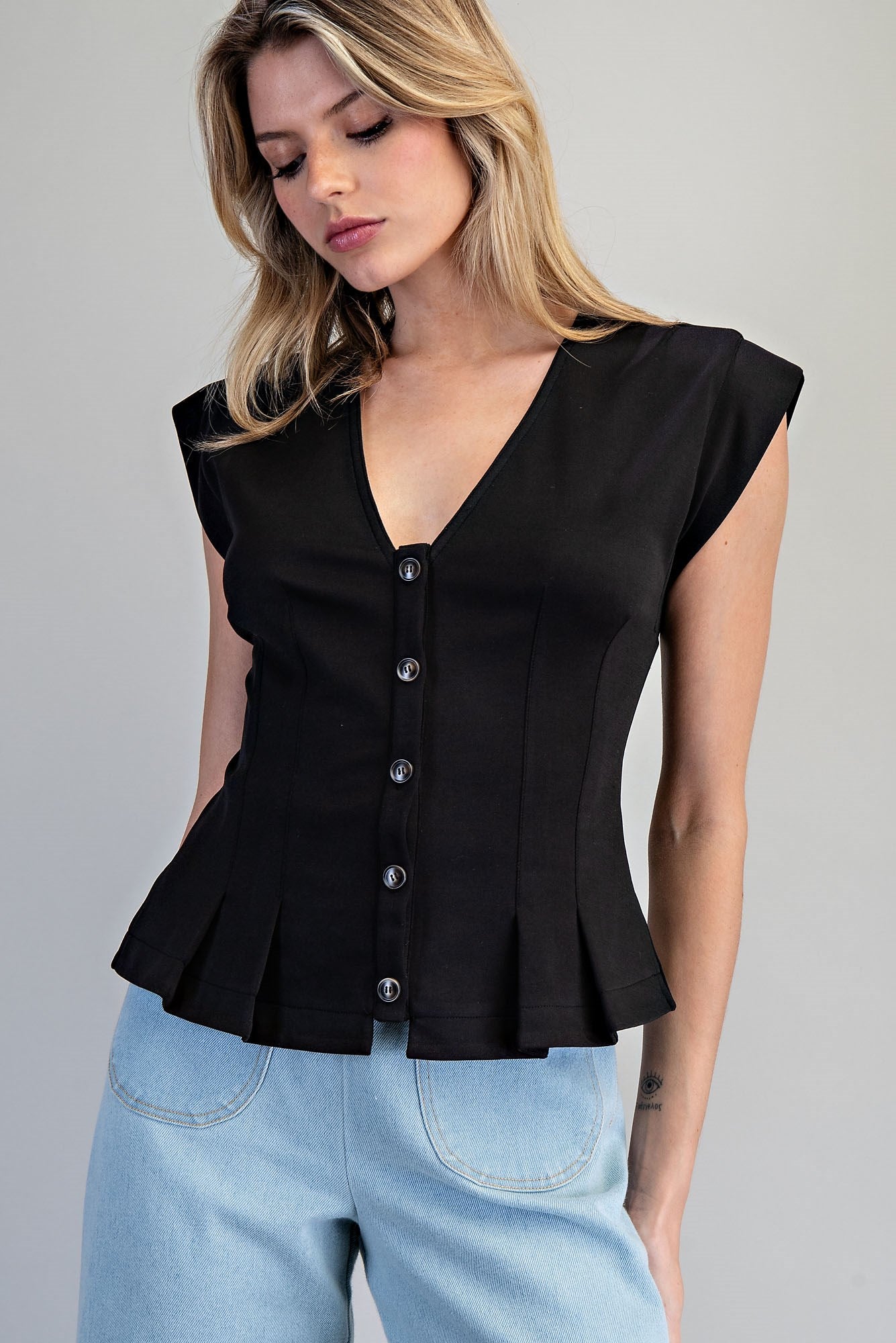 Solid Pleated Button Down V-Neck Top